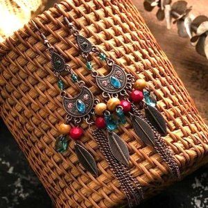 * 50% OFF! Bohemian dangle earrings antiqued copper multicolored stone  feather
